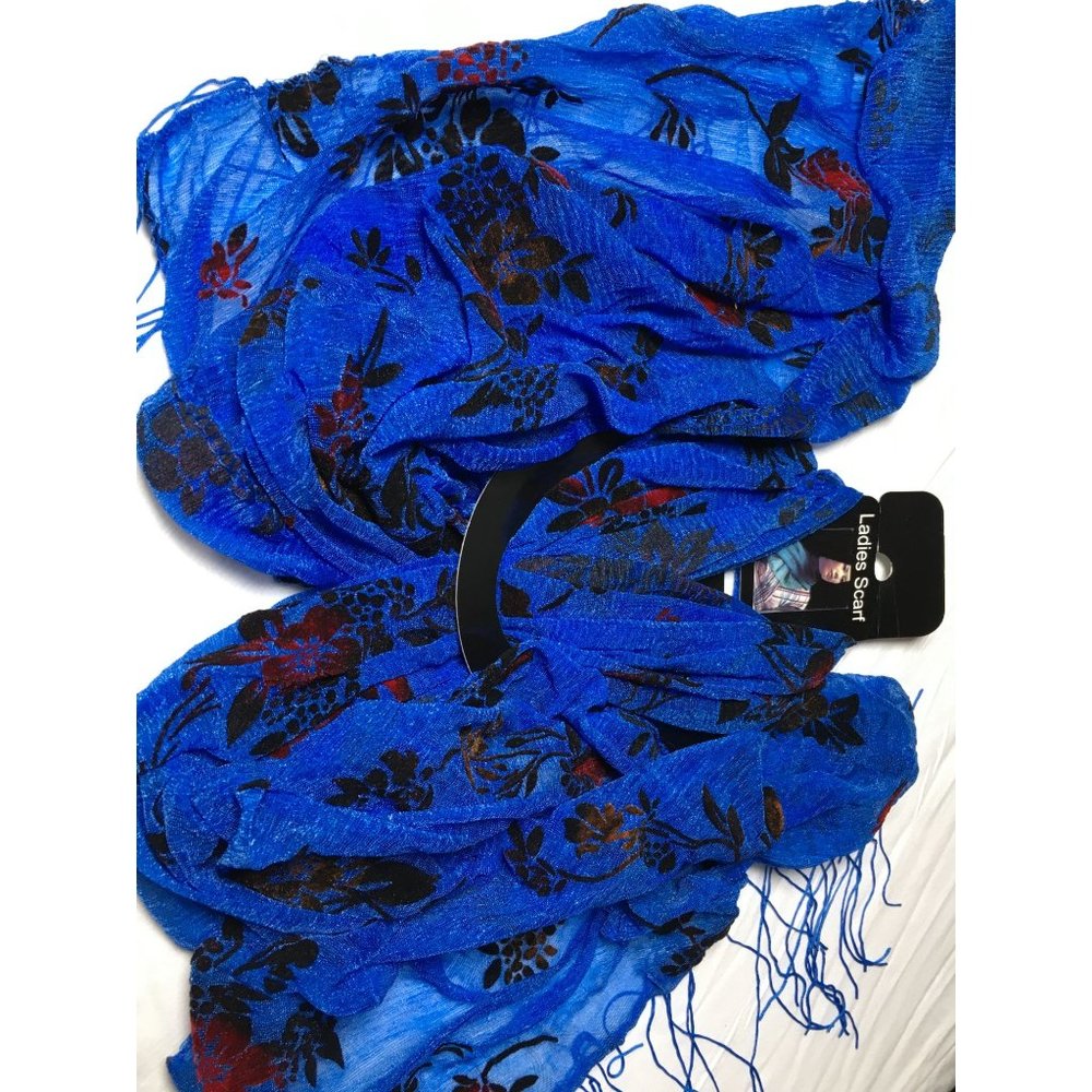 Royal Blue w/Burgundy/Black Floral Brand New Designer Women's Scarf with Tassels